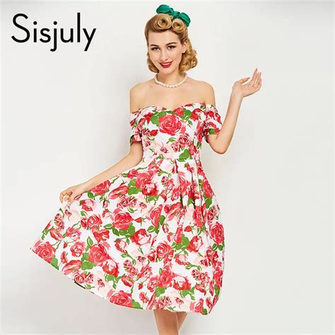 buy sisjuly vintage dress pin up style summer flower print red retro elegant
