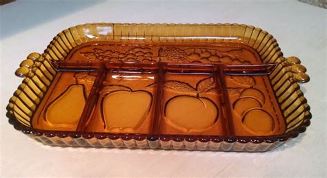 Indiana Glass Amber Divided Relish Tray With Embossed Fruit Design And Handles Vintage By