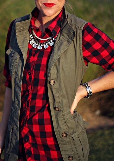 Red and black plaid shirt. cargo vest red plaid shirt statement necklace prep outfit ...