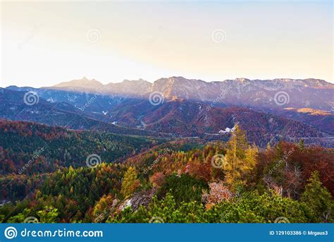Autumn Sunset Lanscape In Austrian Alps With Mountains And Forest