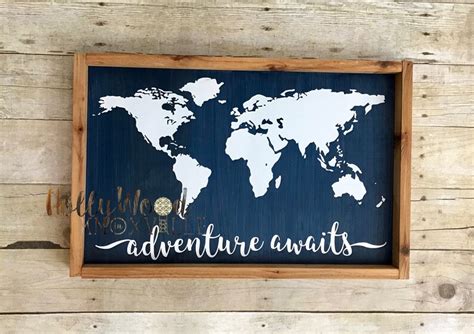 World Map Sign Adventure Awaits Sign Continents Sign Framed Etsy