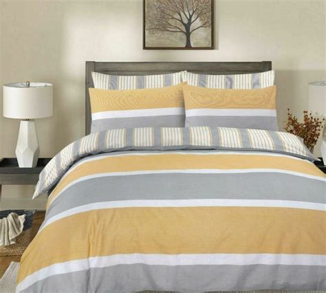 King Size Luxury Duvet Cover Quilt Bed Set Yellow Grey Stripe Etsy