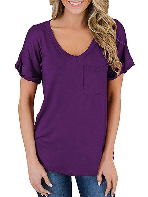 mawclos short sleeve v neck t shirt for women leisure loose plain t shirts dailywear tee purple