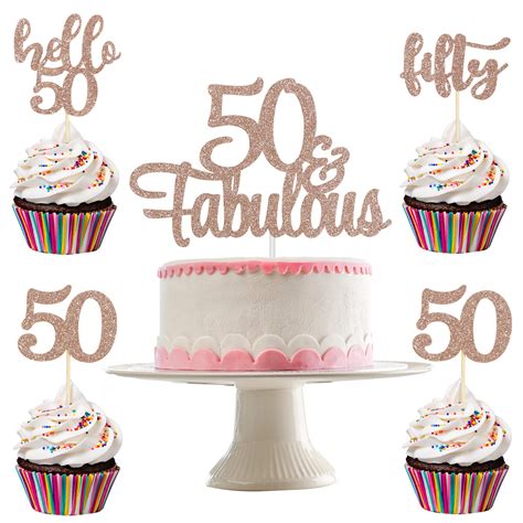 buy 50 and fabulous cake topper and 24pcs 50th birthday cupcake toppers rose gold glitter 50th