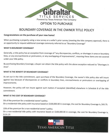 Title insurance is a form of indemnity insurance predominantly found in the united states and canada which insures against financial loss from defects in title to real property and from the invalidity or unenforceability of mortgage loans. Option To Purchase Boundary Coverage In The Owner Title Policy