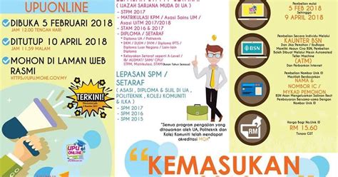 Lepasan spm dan setaraf adalah dinasihatkan untuk merujuk kepada syarat am yang disertakan sebelum membeli pin unik id upu di bsn dan semoga perkongsian syarat am upu untuk program pengajian lepasan spm/ stpm & setaraf boleh dijadikan panduan dalam membuat permohonan. Permohonan UPU Lepasan SPM Telah Dibuka - syahrulasriomar