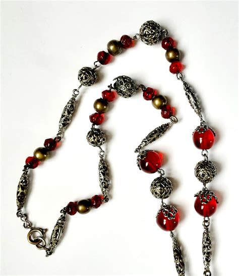 CZECH 1930s PENDANT NECKLACE RED GLASS AND WHITE METAL VINTAGE