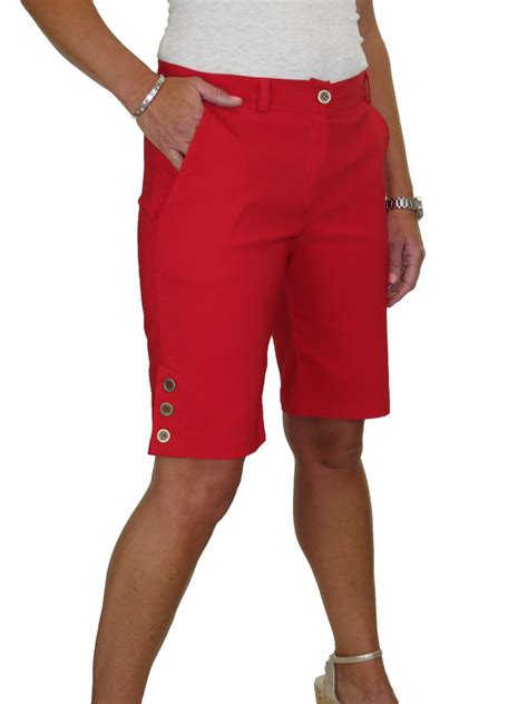 Womens Above Knee Length Stretch Shorts Mid Rise Bermudas 3 Side
