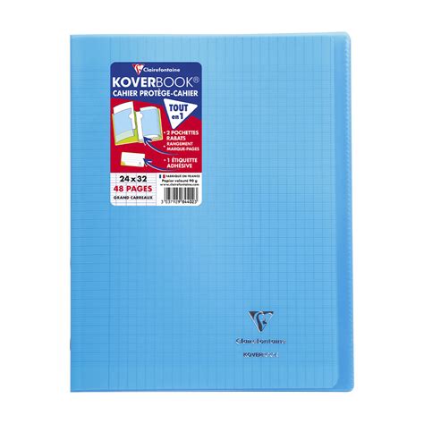 cahier koverbook polypro bleu clairefontaine 24x32 48p grands carreaux séyès 90g avec marque