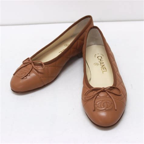 Authentic Chanel Quilted Ribbon Leather Flat Shoes Ballet Shoes Brown