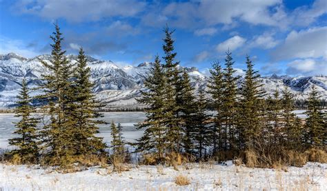 Canada Alberta Jasper Winter Snow Lake River Mountains