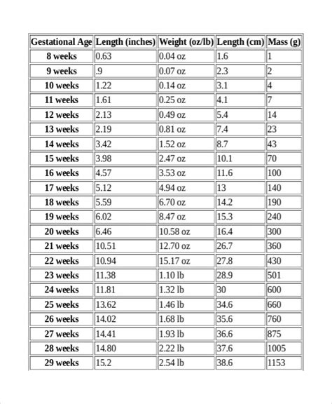 fetal weight chart by week