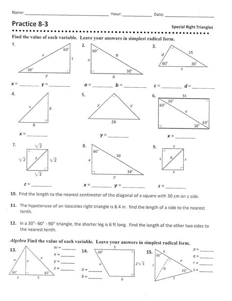 Special Right Triangles Worksheet 30 60 90