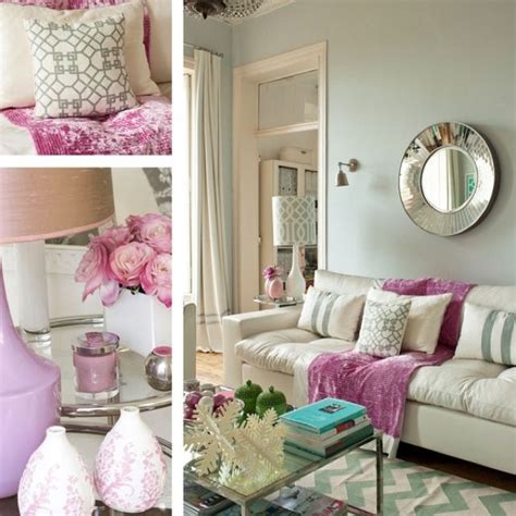 Glamourous living room is lit by a gold butterfly lantern and boasts white mongolian poufs placed on a gray animal print rug in front of a blush pink velvet tufted sofa positioned beneath windows framed by white vertical planks. Hello gorgeous! Gold silver and a touch of lilac | Purple living room, Living room designs, Room ...