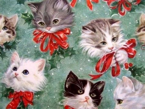 Set Of Two 5x7 Vintage Retro Christmas Kitties Craft Fabric