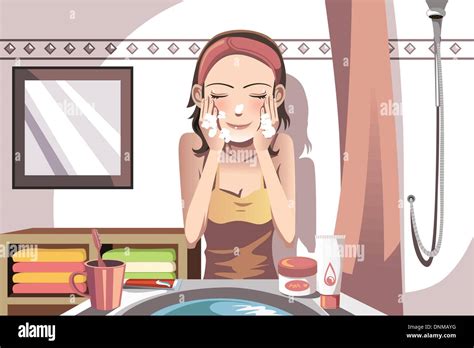 A Vector Illustration Of A Woman Washing Her Face In The Bathroom Stock Vector Image Art Alamy