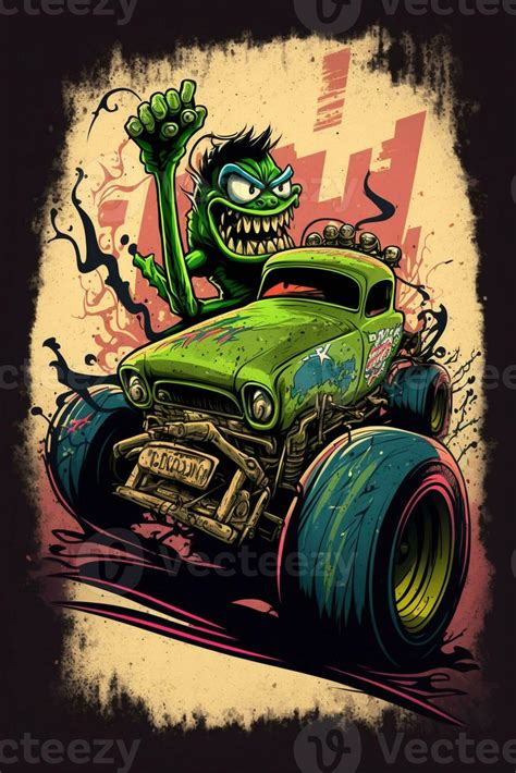 Cartoon Monster Monster Driving A Green Monster Truck With A Huge Grin