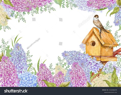 Floral Background Lilacs Birdhouse Bird Watercolor Stock Illustration