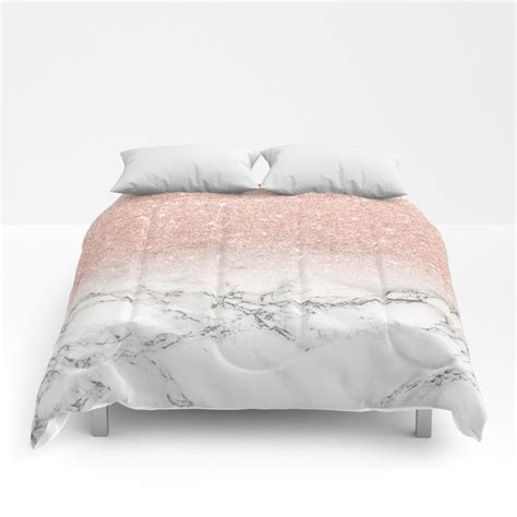 Modern Faux Rose Gold Pink Glitter Ombre White Marble Comforters Rose