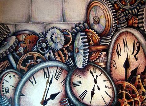 Clocks And Gears Colored Pencil Drawing Wall Art Clock Lover Gear
