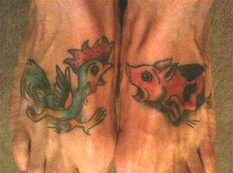 Pig and chicken foot tattoo. Pigs and Chickens tattooed on the feet of sailors were good luck because those animals were ...