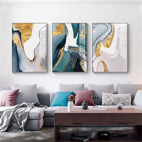 Framed Wall Art Set Of 3 Prints Abstract Gold Navy Blue Grey Ocean