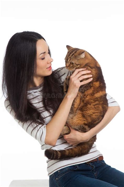 Beautiful Smiling Brunette Girl And Her Ginger Cat Over White Ba Stock Image Image Of Portrait