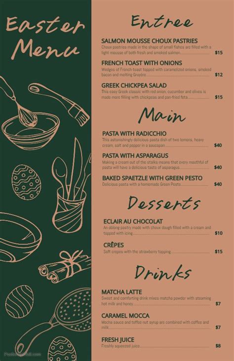 The Menu For An Eaters Restaurant Is Shown In Green And Orange Colors
