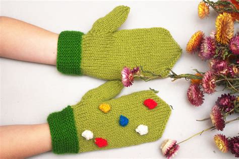 Good Mood Mittens Green Mittens With Colorful Dots Teens Etsy