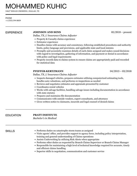 Insurance Claims Adjuster Resume Samples | Velvet Jobs