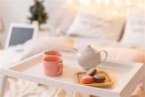 Breakfast In Bed Tray With Cup Of Coffee And Macaroon Modern Bedroom
