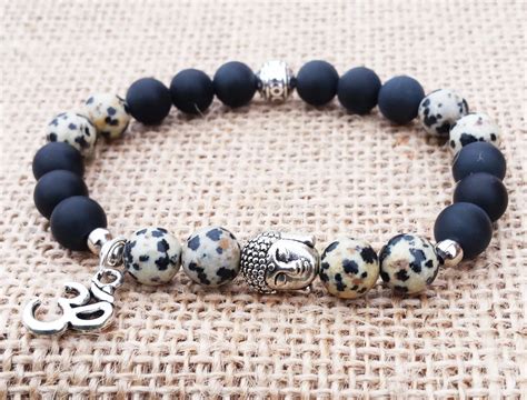 Dalmatian Jasper Buddha Bracelet With Matte Black Onyx And Om Prayer