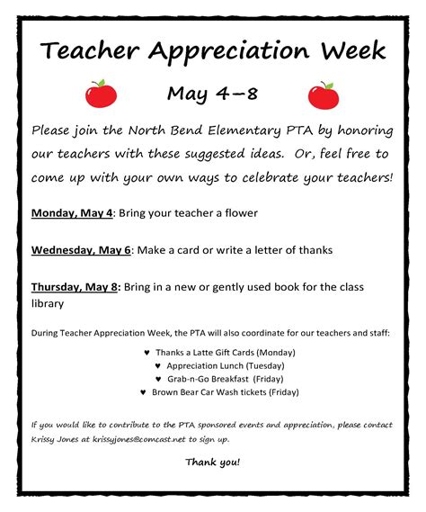 North Bend Elementary Pta Teacher Appreciation Week Schedule Teacher