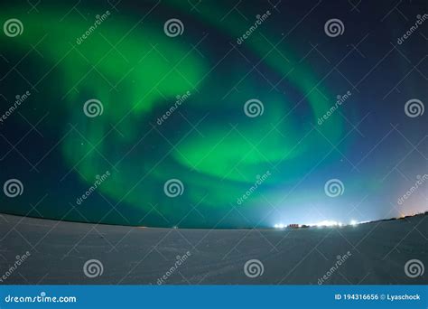 Northern Lights In Night Sky Northern Lights In The Tundra Stock Photo