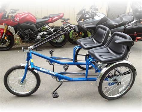 Two adjustable, high back, padded seats, large cargo basket, removable top, two separate sets of pedals. Tricycles - Side-by-Side Team Dual Trike - Rideable ...