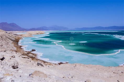 View To The Salty Surface Of The Lake Assal Djibouti Stock Image Image Of People Assal