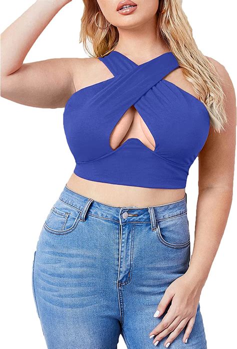 shein women s plus crisscross halter wrap crop top cut out sexy cami tank tops blue x large