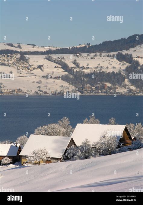 Switzerland Lake Aegeri Canton Of Zug Landscape Scenery Winter Snow