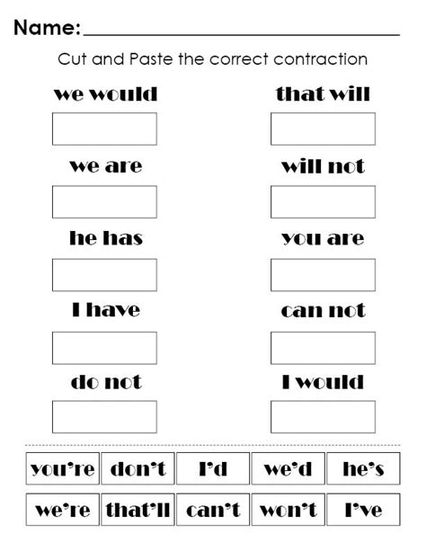 Printable Contraction Worksheets Matching And Cut And Paste Supplyme