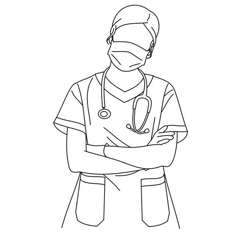 Illustration Of Line Drawing A Beautiful Young Surgeon Or Medical Nurse Posing Wearing Uniform