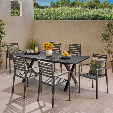 Noxx Outdoor Modern 6 Seater Aluminum Dining Set With Expandable Table