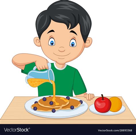 Little Boy Flowing Maple Syrup On Pancakes Vector Image