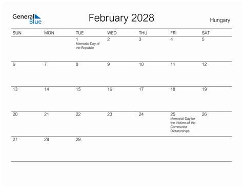 Printable February 2028 Monthly Calendar With Holidays For Hungary
