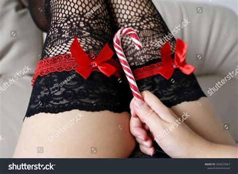 Sexy Woman Black Fishnet Stockings Lollipop Stock Photo 1839279367