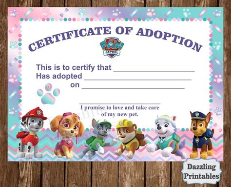 Paw Patrol Adoption Certificate Digital File By Dazzlingprintables