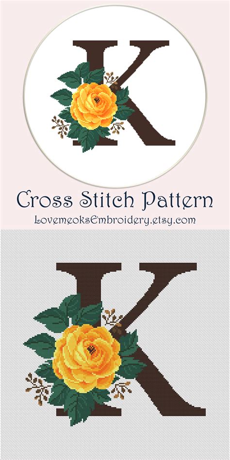 Add a personal touch and make custom made cross stitch pattern with names and. Letter K and yellow rose cross stitch pattern PDF Modern ...