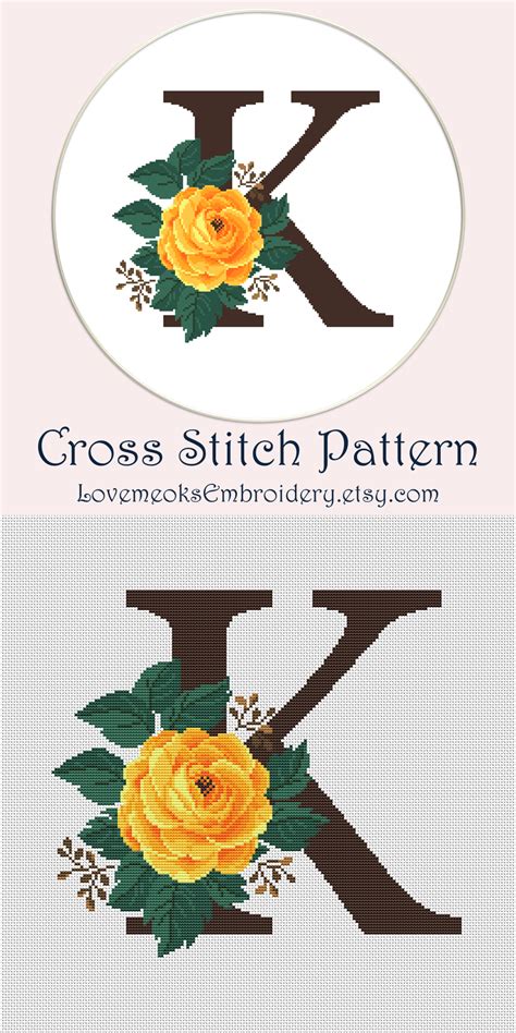 I don't have the capability of printing a pdf on 11x17 paper and really appreciate the extras — the heavy duty floss cards, and the. Letter K and yellow rose cross stitch pattern PDF Modern ...