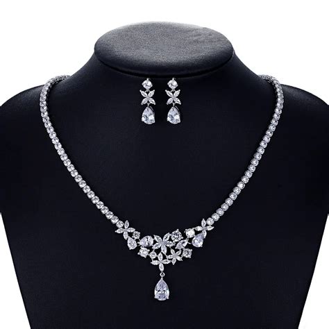 Crystal Cz Cubic Zirconia Bridal Wedding Dangle Necklace Earring Set Jewelry Sets For Women