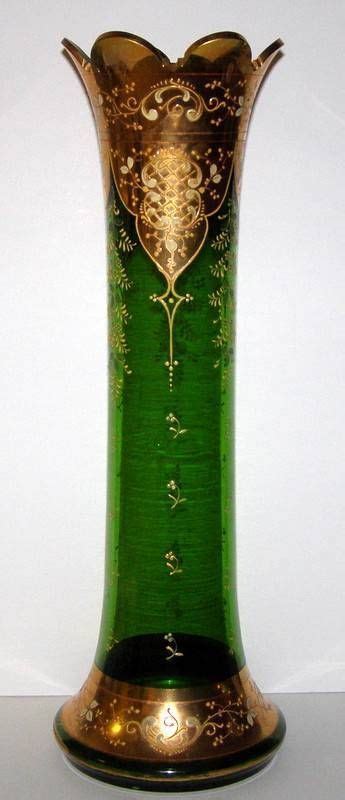 Antique Victorian Art Glass Bohemian Moser C1890 Gilded Enamel Green 17 Vase Steuben Glass