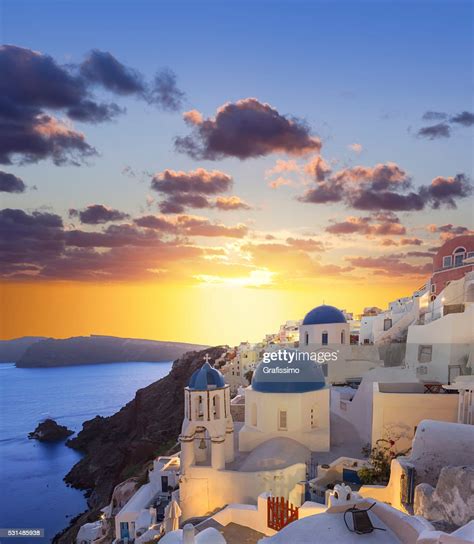 Santorini Sunset At Village Oia On Greece High Res Stock Photo Getty